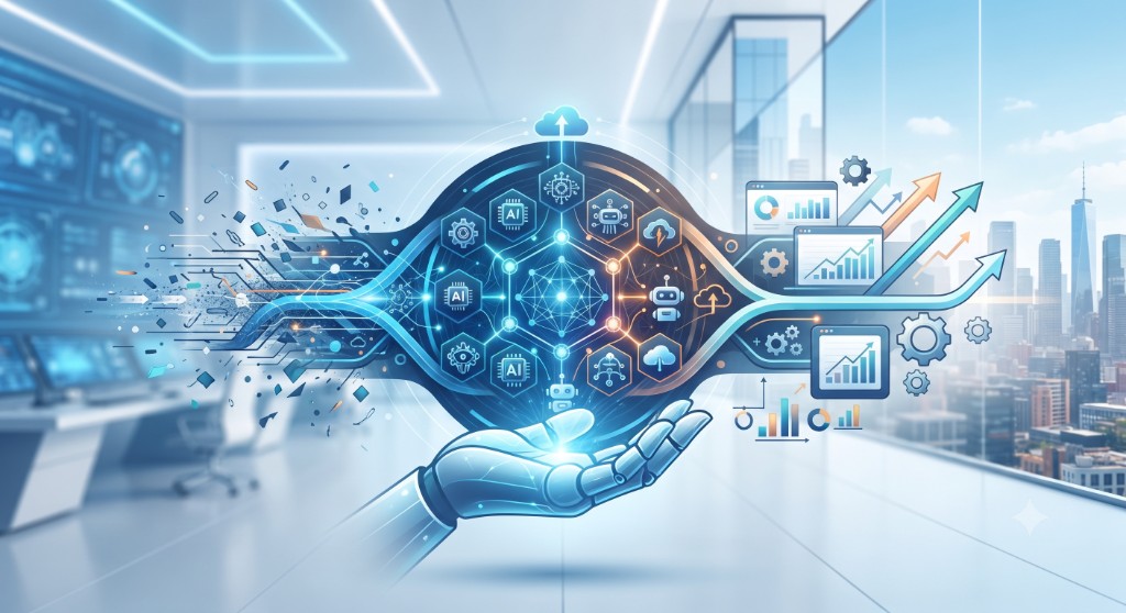 A robotic hand presenting an AI network that connects automation, data, and business growth